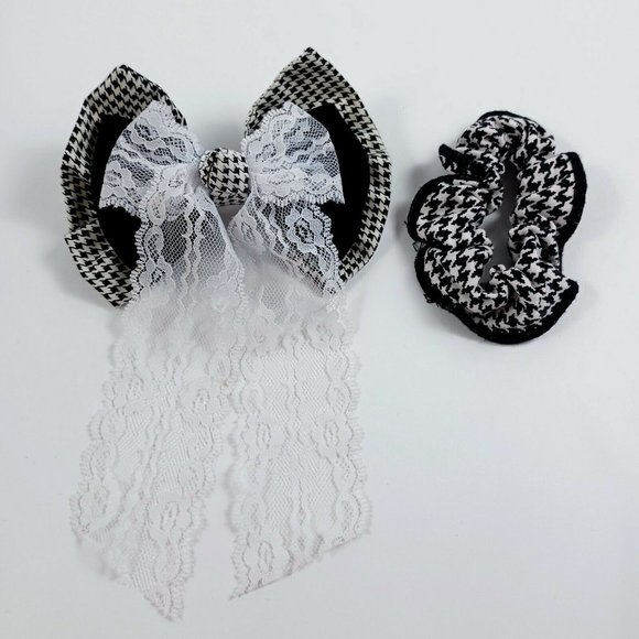 Vintage Houndtooth Hair Barette & Hair Ties -Lace Accent -2 Pc Set *MINOR WEAR - Picture 2 of 9